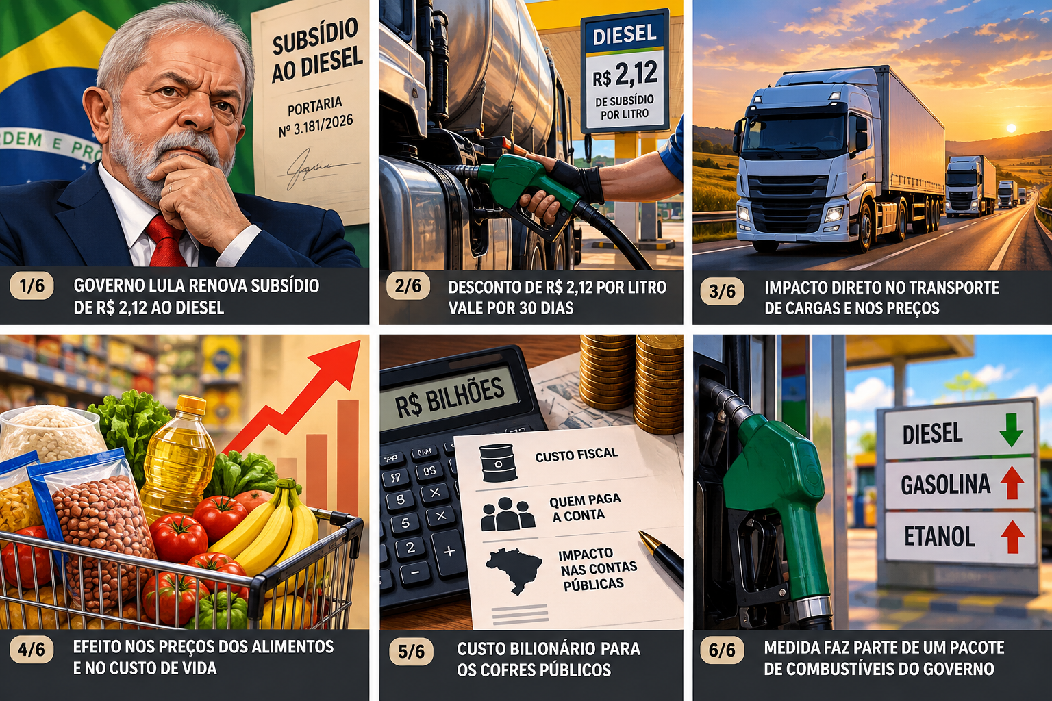 Infográfico ilustrativo em seis quadros sobre subsídio ao diesel, transporte e impactos econômicos