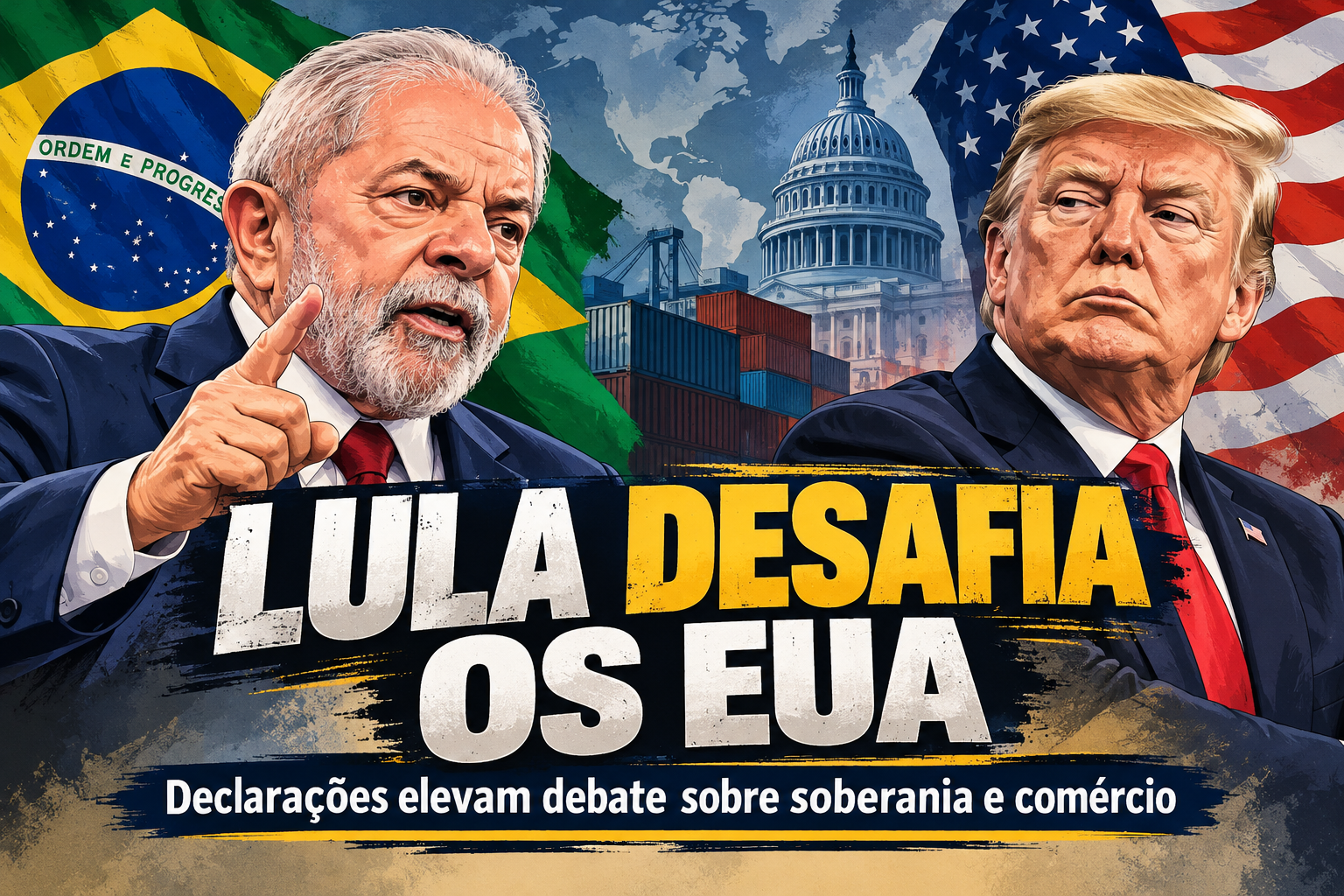 Ilustração editorial de Lula e Trump diante das bandeiras brasileira e americana